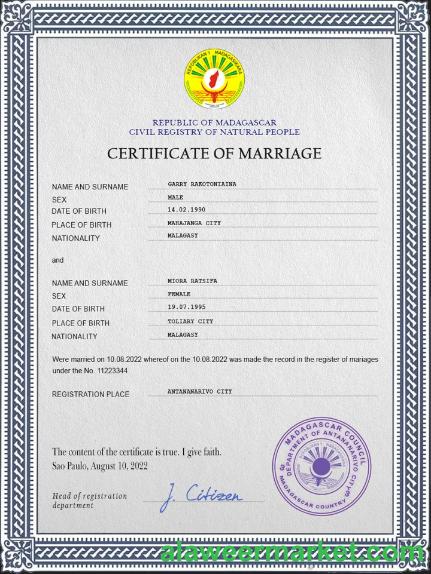 Madagascar marriage certificate PSD template